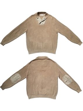 Vintage Orvis Men's Large Tan Sweater WWII Military Mechanic Style Elbow Patches